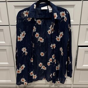 Liz Claiborne Navy Floral Sheer Button Down Shirt